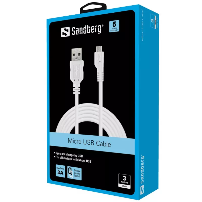 Sandberg Cabo de sincronização/carregamento MicroUSB 3 m, 3 m, USB A, Micro-USB B, USB 2.0, macho/macho, branco