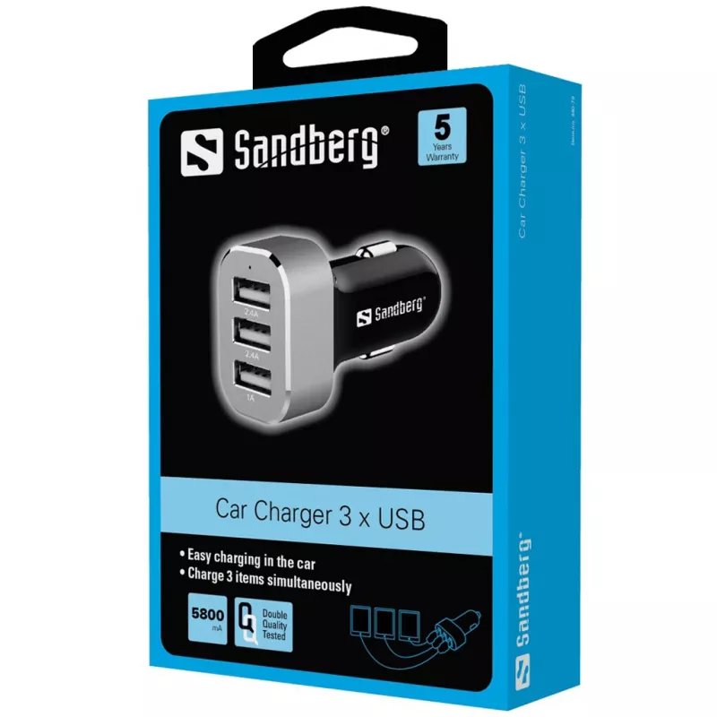 Sandberg Carregador Multi Car 3xUSB, automóvel, isqueiro, USB, 5 V, preto, prateado