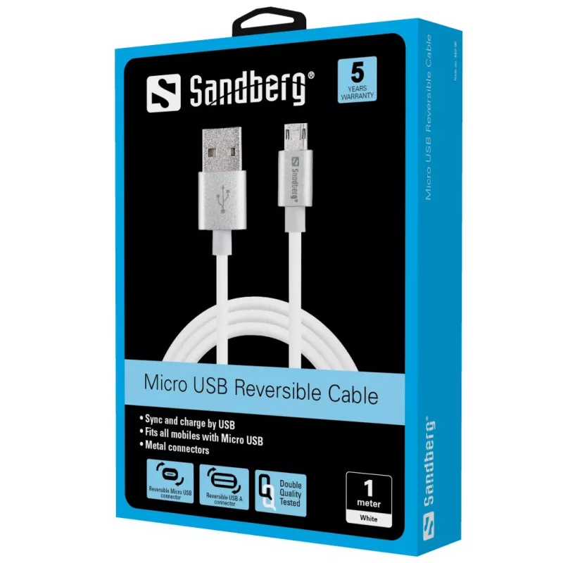 Sandberg Cabo MicroUSB reversível 1m, 1 m, USB A, Micro-USB A, prateado, branco