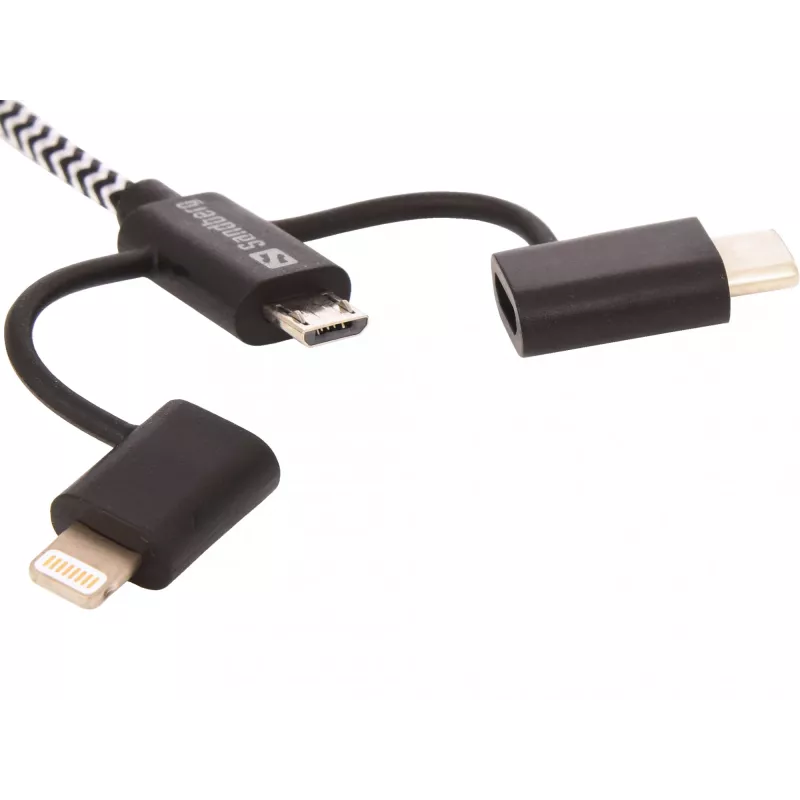 Sandberg 3in1 Lightning+MicroUSB+USB-C 1m, 1 m, Micro-USB A, USB A, macho/macho, preto, cinzento