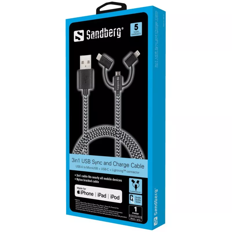 Sandberg 3in1 Lightning+MicroUSB+USB-C 1m, 1 m, Micro-USB A, USB A, macho/macho, preto, cinzento