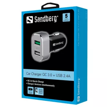 Sandberg Carregador de automóvel 1xQC 3.0+1xUSB2.4A, automóvel, isqueiro, 12 V, alumínio, preto