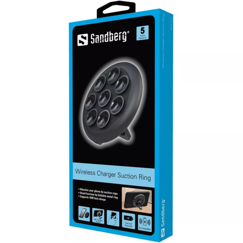 Sandberg Carregador sem fios Suction Ring, interior, exterior, USB, carregamento sem fios, PowerIQ, preto
