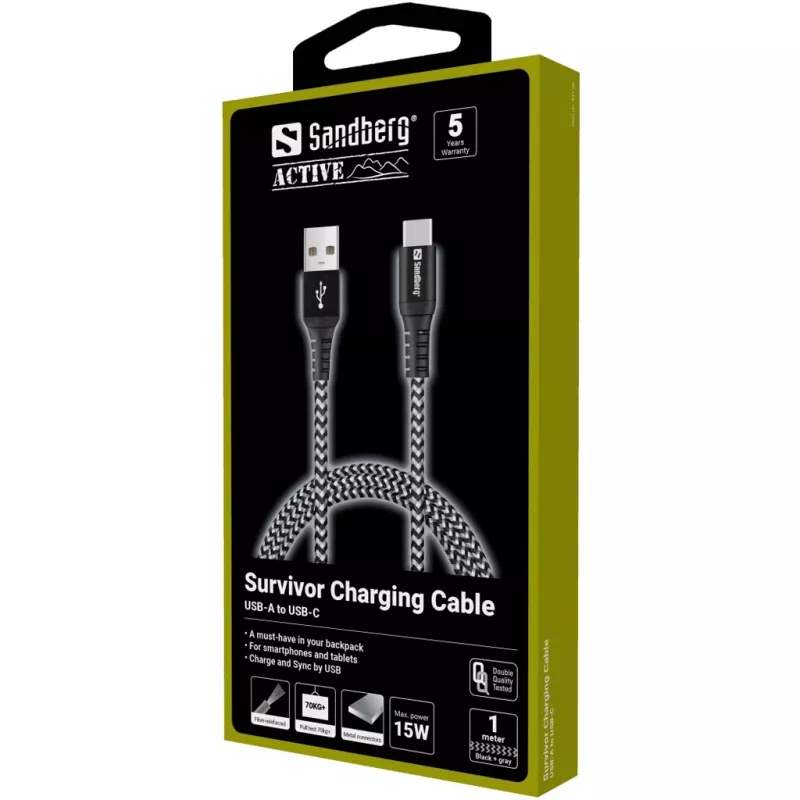 Sandberg Cabo Survivor USB-C—USB-A 1 m, 1 m, USB A, USB C, USB 2.0, preto, cinzento