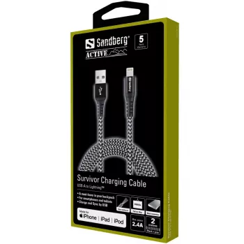 Sandberg Cabo Survivor Lightning 2 m, 2 m, Lightning, USB A, macho, macho, preto, cinzento
