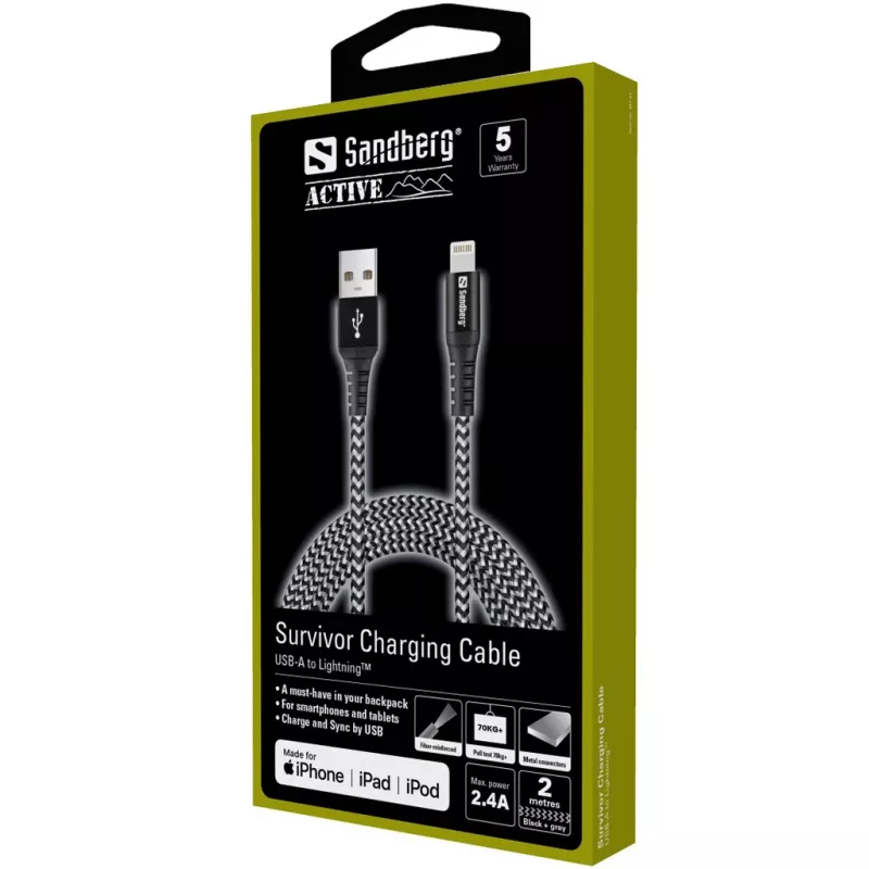 Sandberg Cabo Survivor Lightning 2 m, 2 m, Lightning, USB A, macho, macho, preto, cinzento
