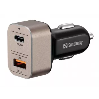 Sandberg Carregador de automóvel 1xQC3.0+1xUSBC 24W, automóvel, isqueiro, 12 V, preto, cinzento