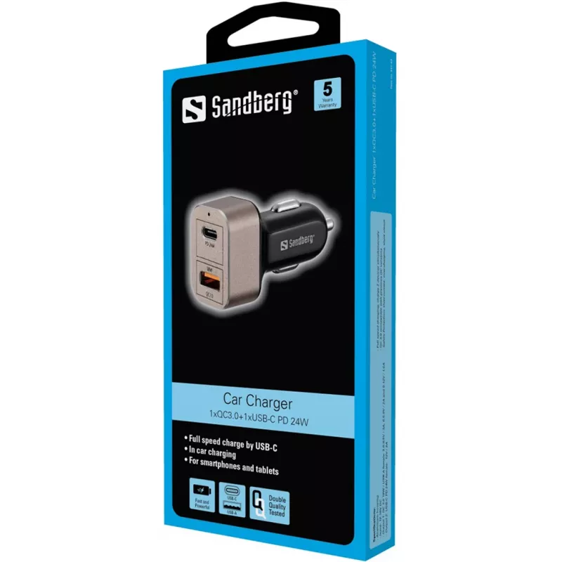 Sandberg Carregador de automóvel 1xQC3.0+1xUSBC 24W, automóvel, isqueiro, 12 V, preto, cinzento