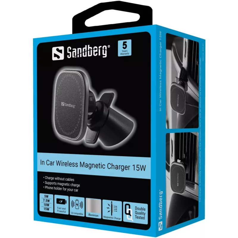 Sandberg Carregador magnético sem fios In Car 15W, automóvel, USB, carregamento sem fios, 1,2 m, preto