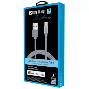 Sandberg Excellence Lightning cinzento 1m, 1 m, Lightning, USB A, cinzento, reto, reto