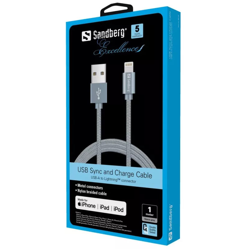 Sandberg Excellence Lightning cinzento 1m, 1 m, Lightning, USB A, cinzento, reto, reto