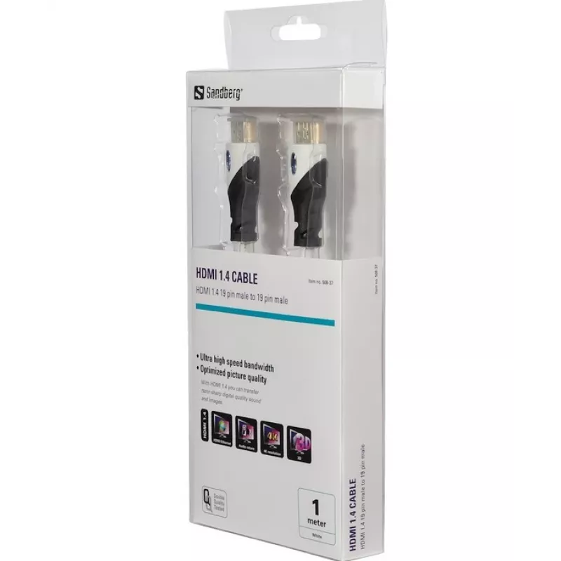 Sandberg HDMI 1.4 19M-19M, 1m, 1 m, HDMI tipo A (Standard), HDMI tipo A (Standard), preto, branco