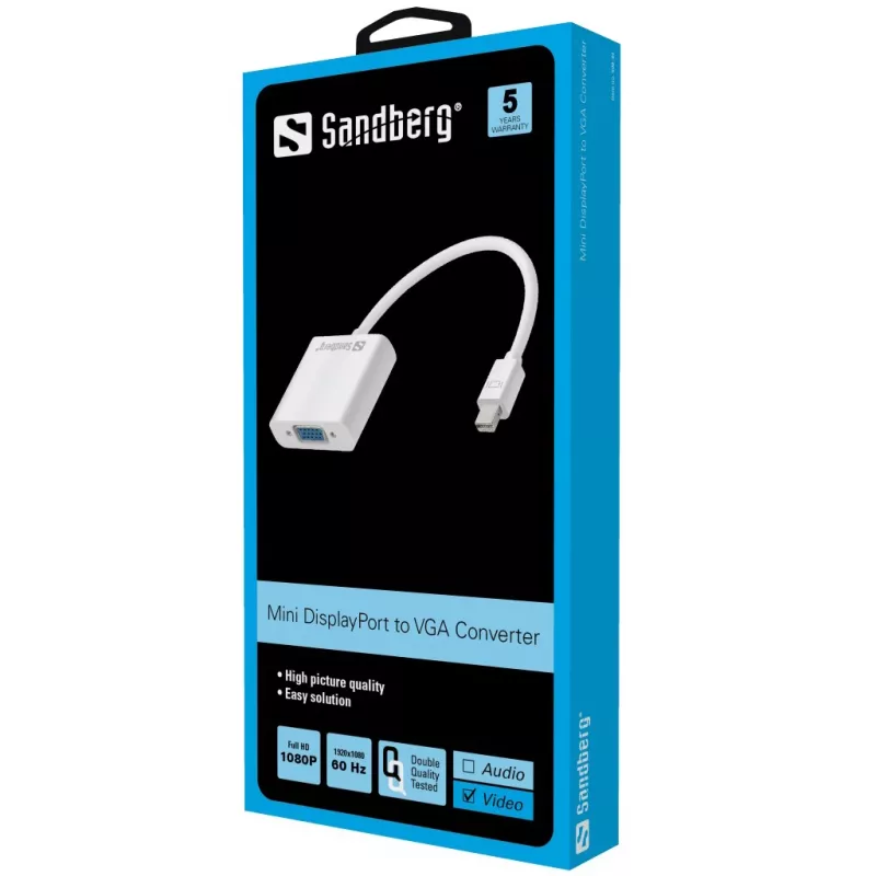 Sandberg Adaptador Mini DisplayPort>VGA, Mini DisplayPort, VGA (D-Sub), macho, fêmea, 1920 x 1080 píxeis, 1920 x 1080 (HD 1080)