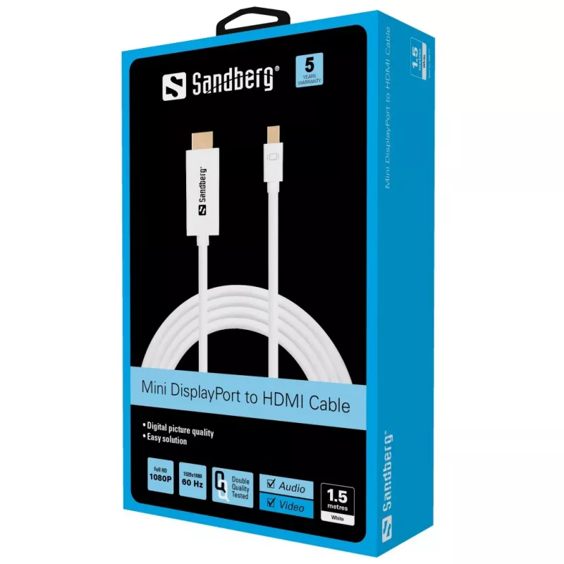 Sandberg Cabo MiniDP > HDMI 1,5 m, 1,5 m, Mini DisplayPort, HDMI, macho, macho, branco
