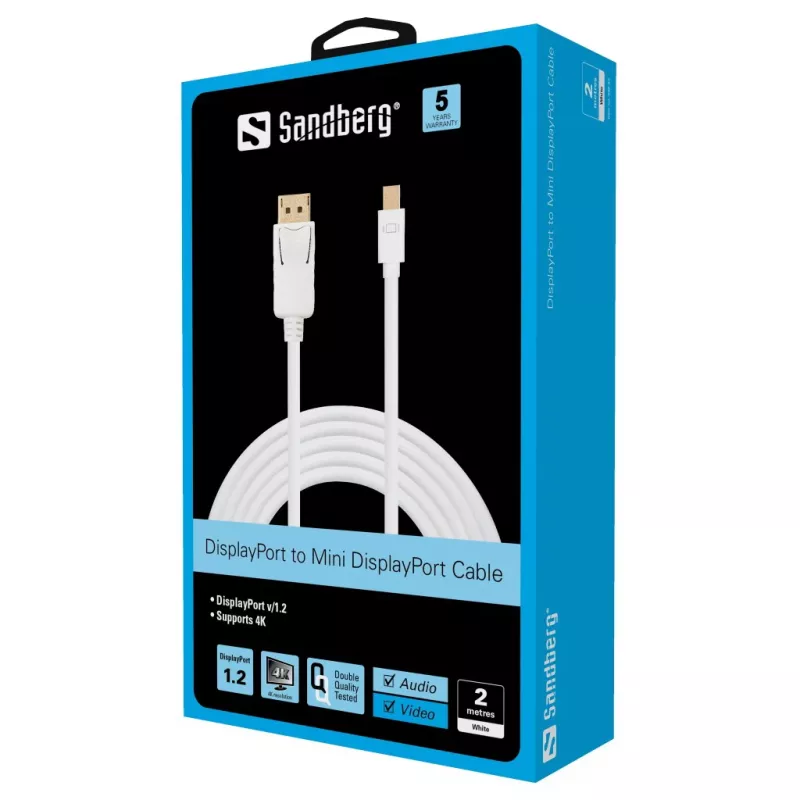 Sandberg DP-MiniDP 1.2 4K M-M 2m, 2 m, DisplayPort, Mini DisplayPort, macho, macho, branco