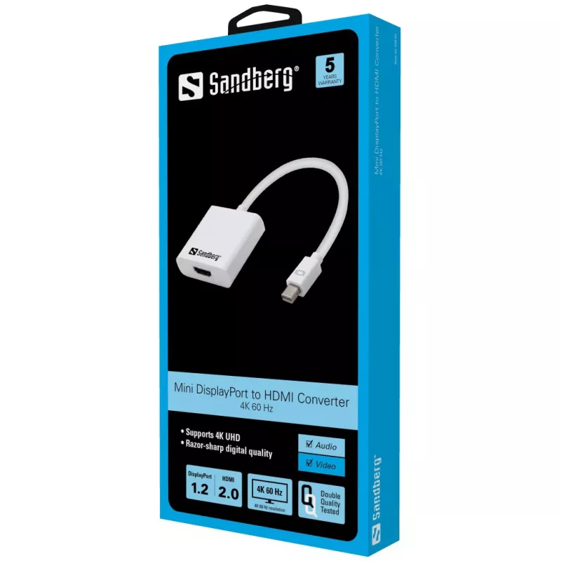 Sandberg Adaptador MiniDP1.2>HDMI2.0 4K60, Mini DisplayPort, HDMI, macho, fêmea, 3840 x 2160 píxeis, 6 Gbit/s