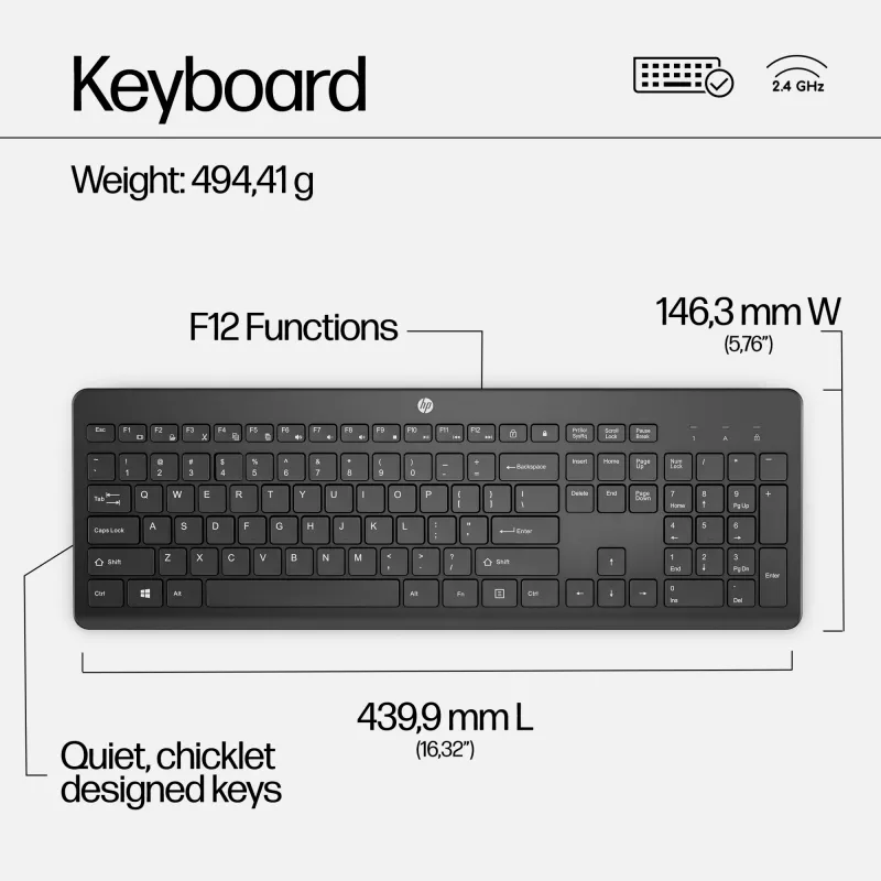 HP 230 conjunto de teclado e rato sem fios, tamanho completo, membrana, branco