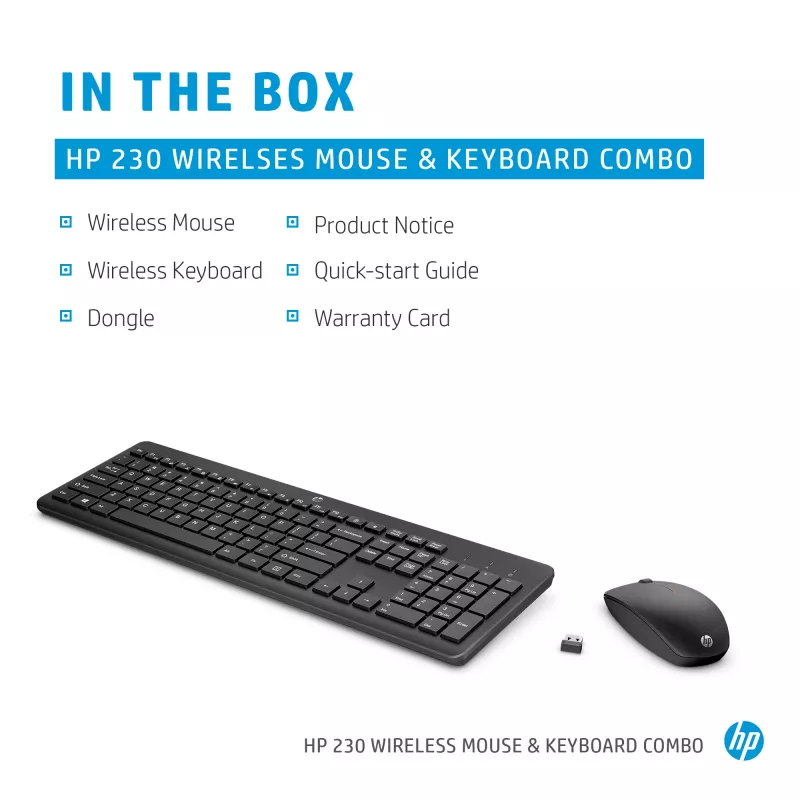 HP 230 conjunto de teclado e rato sem fios, tamanho completo, membrana, branco