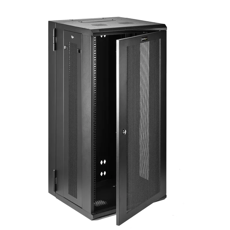 StarTech.com armário de rede de parede 4 postes 26U com prateleira 1U, armário de servidor de parede rebatível de 19 polegadas para equipamentos de dados/AV/eletrónica/informática, caixa de rack ventilada flexível