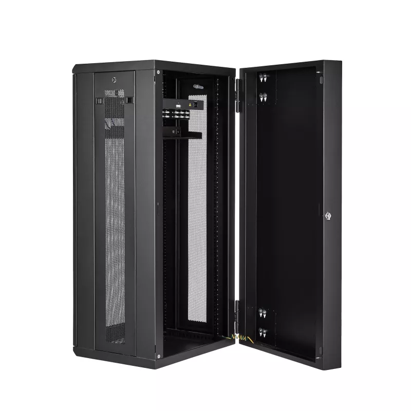 StarTech.com armário de rede de parede 4 postes 26U com prateleira 1U, armário de servidor de parede rebatível de 19 polegadas para equipamentos de dados/AV/eletrónica/informática, caixa de rack ventilada flexível