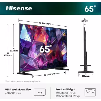 Hisense 65E7S PRO TV 165,1 cm (65 polegadas) UHD+ Smart-TV WLAN preto 350 cd/m²