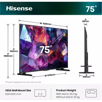Hisense 75E7S PRO TV 189 cm (75 polegadas) UHD+ Smart-TV Wi-Fi preto 350 cd/m²