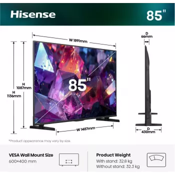 Hisense 85E7S PRO TV 2,16 m (85 polegadas) UHD+ Smart-TV Wi-Fi preto 400 cd/m²