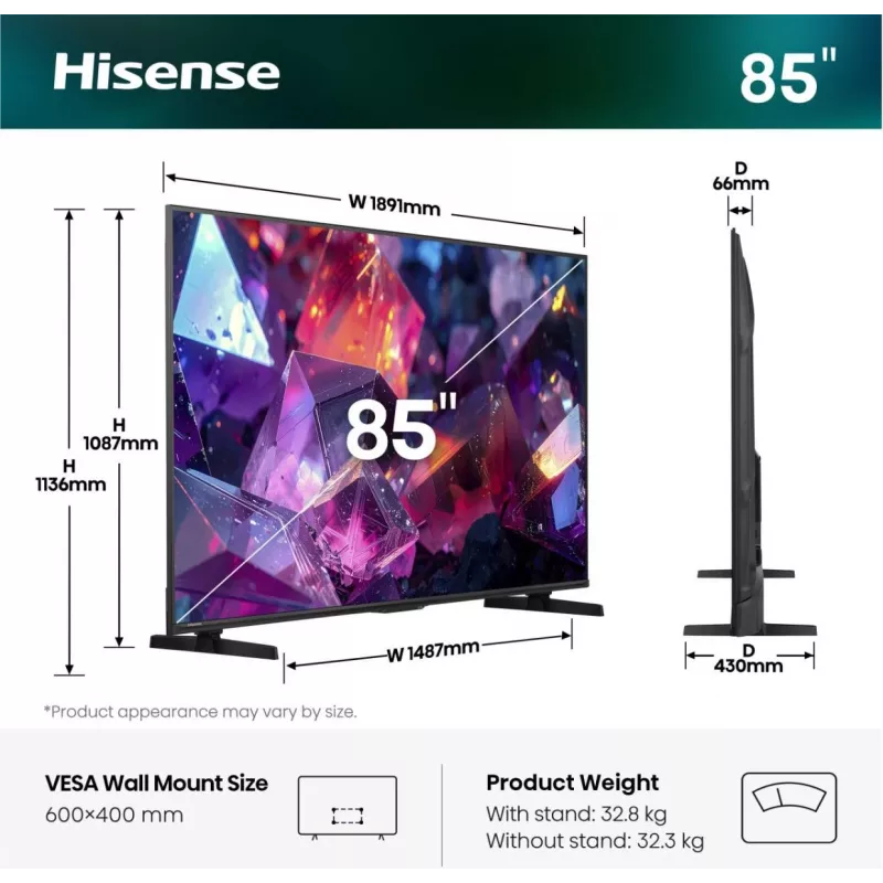 Hisense 85E7S PRO TV 2,16 m (85 polegadas) UHD+ Smart-TV Wi-Fi preto 400 cd/m²