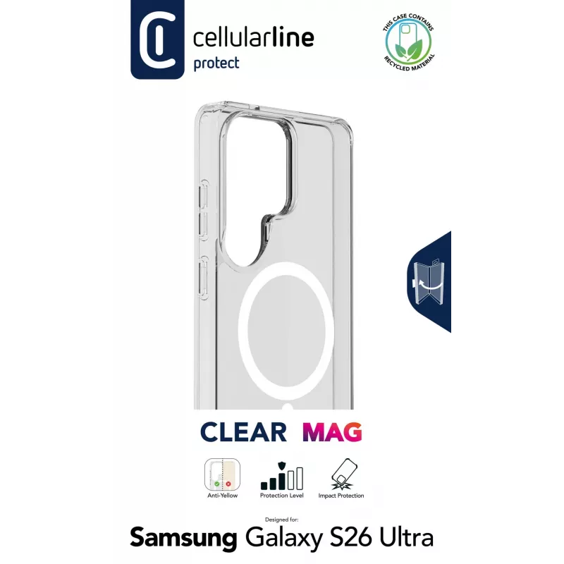 Cellularline Clear Mag - Galaxy S26 Ultra capa transparente ultra resistente com rebordo de borracha, compatível com o ecossistema Qi2 e acessórios magnéticos, tratada contra amarelecimento.