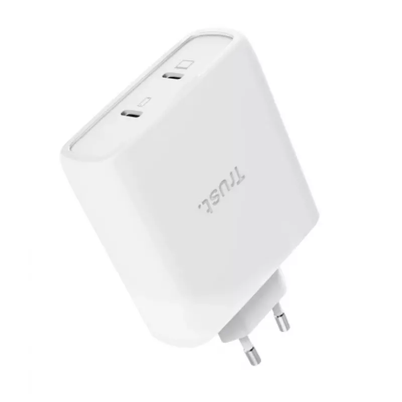 Carregador TRUST Maxo 100W 2 portas USB-C GaN — 100 W, 2x USB-C, 20 V máx, AC, interior, cabo de 2 m, branco