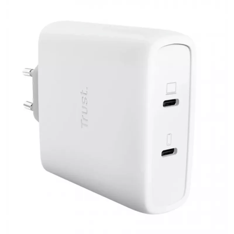 Carregador TRUST Maxo 100W 2 portas USB-C GaN — 100 W, 2x USB-C, 20 V máx, AC, interior, cabo de 2 m, branco
