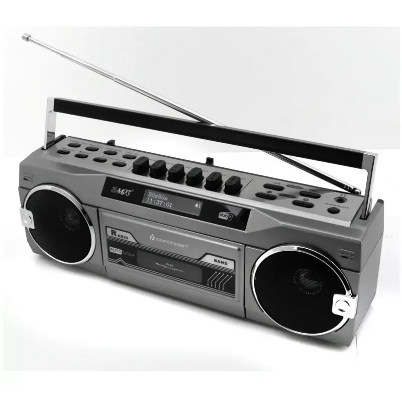 Leitor de cassetes portátil Soundmaster SRR80TI com DAB+ e FM, ecrã LCD, 3 W RMS, entrada para auscultadores de 3,5 mm, alimentação por pilhas/230V