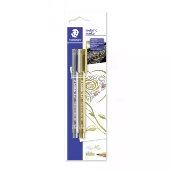 Staedtler 8323-S BK2 marcador metálico, ponta redonda 1-2 mm, dourado/prateado, pack de 2