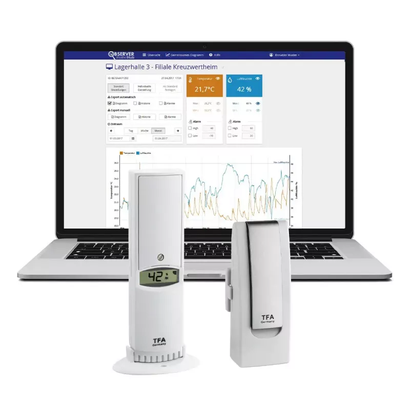 Sensor ambiental tfa dostmann WeatherHub Smart Home sem fios — humidade e temperatura, Wi‑Fi, alimentação por rede/pilhas (AA), 40×28×104 mm