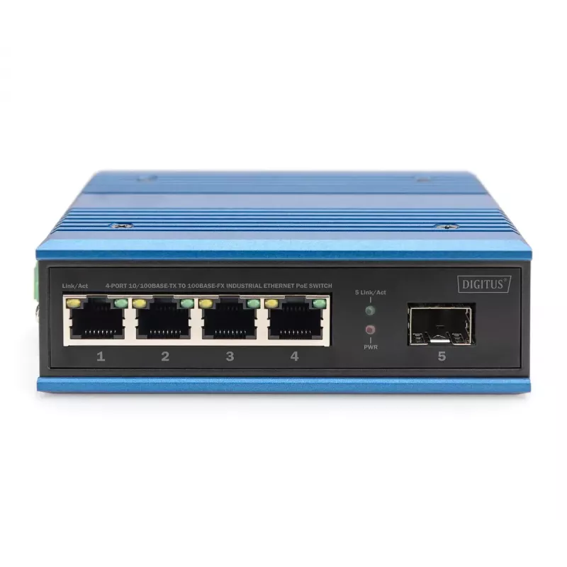 Comutador de rede PoE Digitus 4 portas Fast Ethernet, industrial, não gerido, 1 uplink SFP