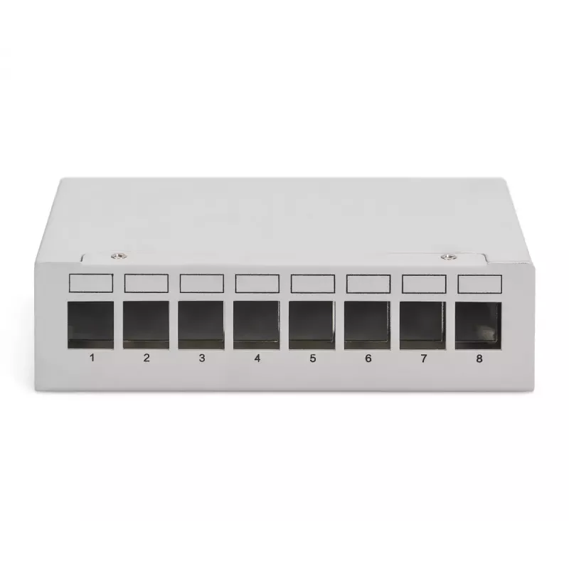 Patch panel DIGITUS de secretária modular em branco, blindado, 8 portas, aço, cinzento, montagem na parede