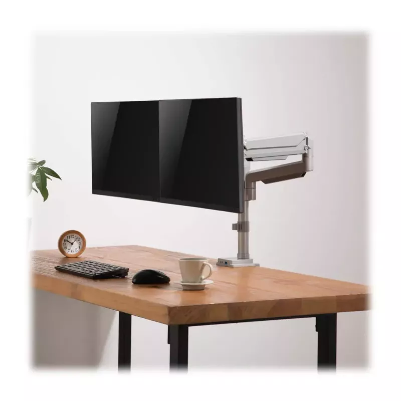 Suporte de monitor com braço de gás duplo Tripp Lite (EATON) DDR1732DAL, para ecrãs de 13–34 polegadas, fixação por grampo ou passagem, ligações USB e áudio, prateado