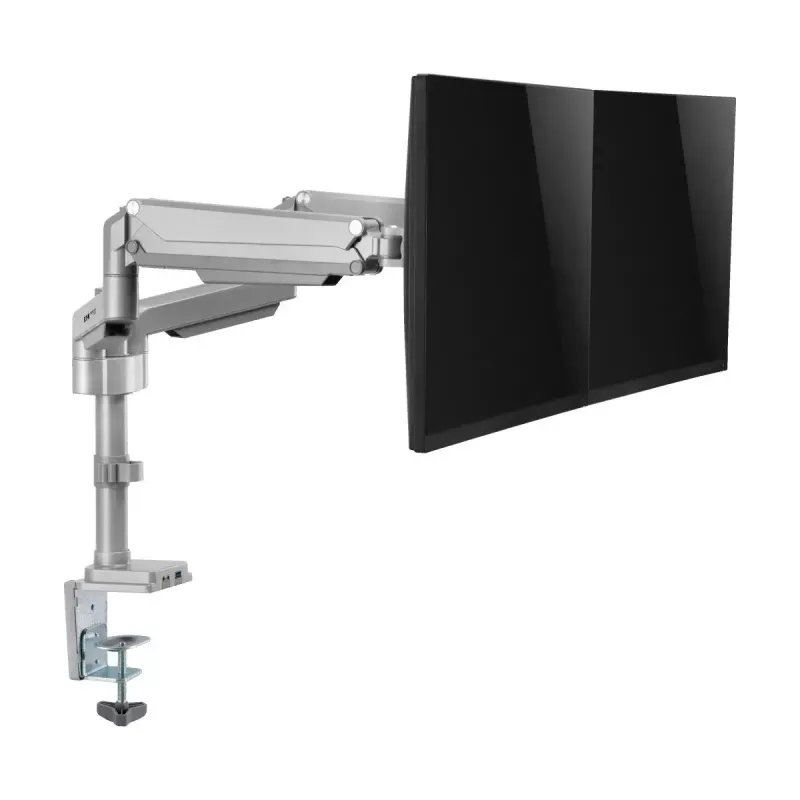 Suporte de monitor com braço de gás duplo Tripp Lite (EATON) DDR1732DAL, para ecrãs de 13–34 polegadas, fixação por grampo ou passagem, ligações USB e áudio, prateado