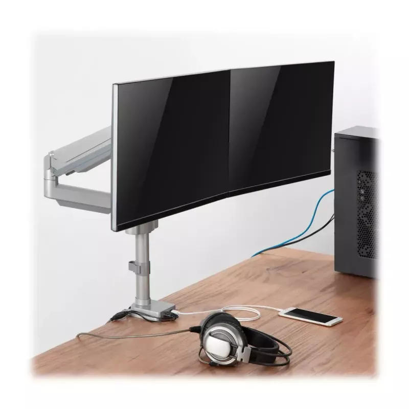Suporte de monitor com braço de gás duplo Tripp Lite (EATON) DDR1732DAL, para ecrãs de 13–34 polegadas, fixação por grampo ou passagem, ligações USB e áudio, prateado