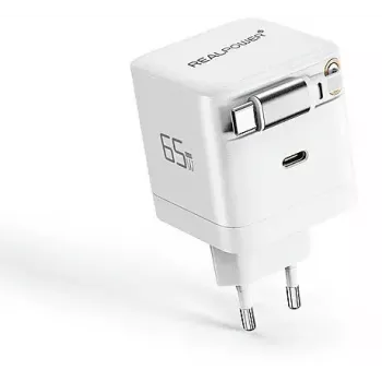 Carregador GaN 65W da RealPower, 65 Watt, duas portas USB-C, branco
