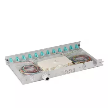 EFB Elektronik B71901L12OM3 Caixa de emenda de fibra, LC 50/125 µm OM3, 12 pigtails/6 acopladores, 19 polegadas, extraível