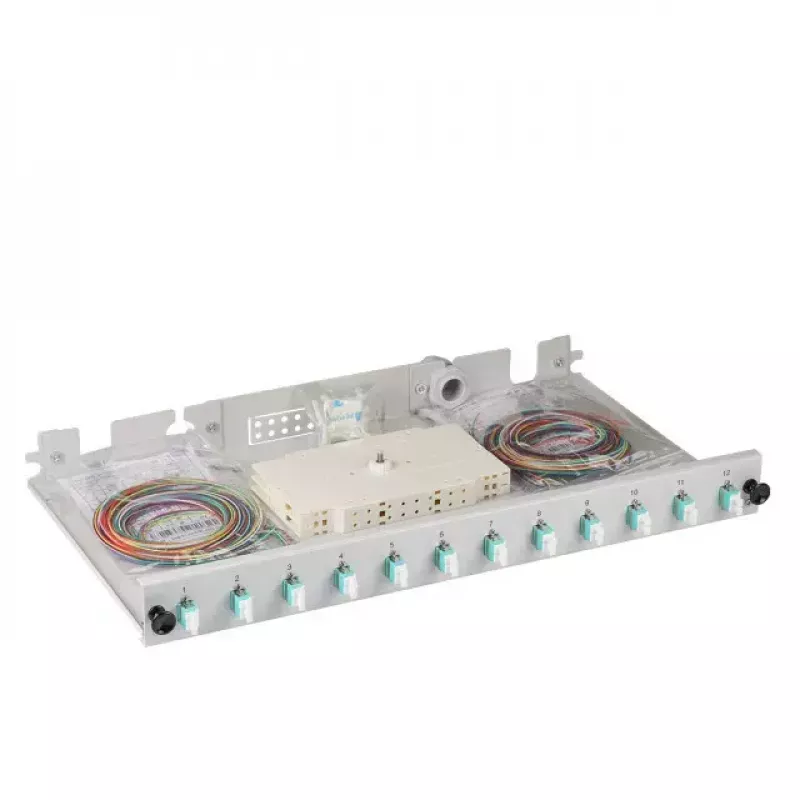 EFB Elektronik B71901L12OM3 Caixa de emenda de fibra, LC 50/125 µm OM3, 12 pigtails/6 acopladores, 19 polegadas, extraível
