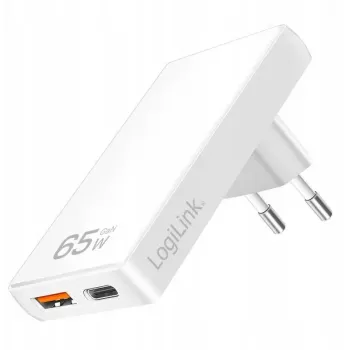 Adaptador USB para tomada de parede LOGILINK PA0368 — 1×USB-A, 1×USB-C, 65W, branco