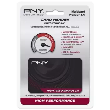 Leitor de cartões PNY High Performance Reader 3.0 USB 3.2 Gen 1 — CF, SD, microSD, Memory Stick, MMC, preto