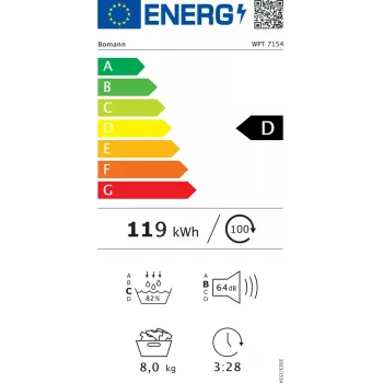 Máquina de secar roupa de carregamento frontal BOMANN WPT7154T — bomba de calor, 8 kg, preto/cinzento, 64 dB, classe energética D