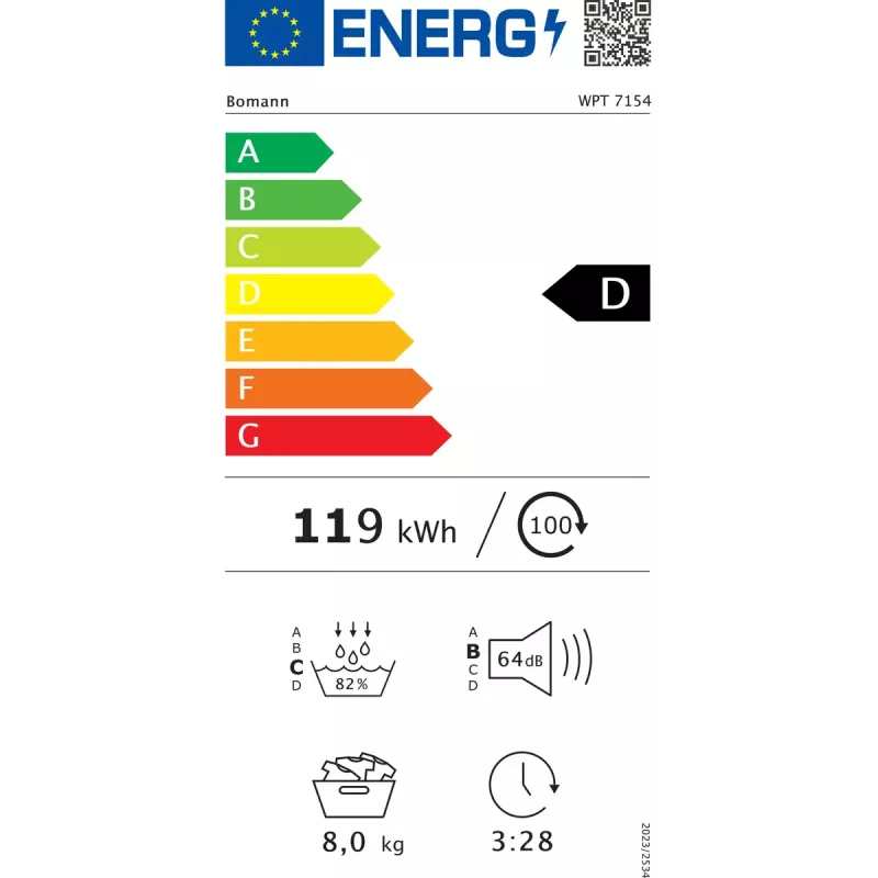 Máquina de secar roupa de carregamento frontal BOMANN WPT7154T — bomba de calor, 8 kg, preto/cinzento, 64 dB, classe energética D