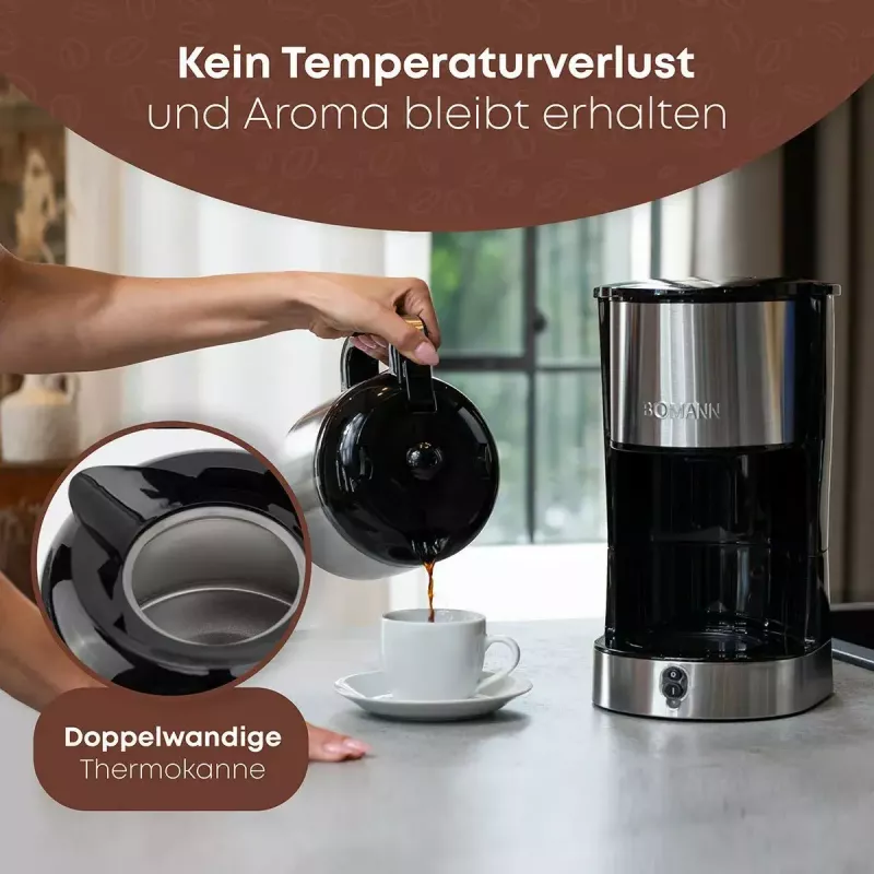 Máquina de café de filtro BOMANN KA6066CB depósito de água 1,2 l, 10 chávenas, preto e aço inoxidável