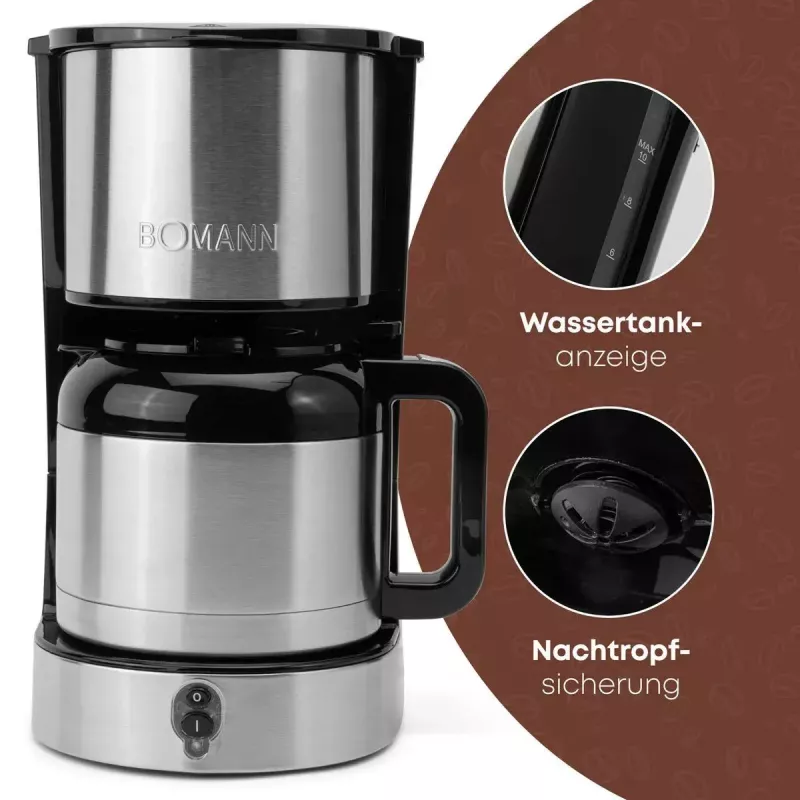 Máquina de café de filtro BOMANN KA6066CB depósito de água 1,2 l, 10 chávenas, preto e aço inoxidável