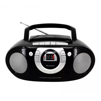 Sistema estéreo portátil Soundmaster SCD5100SW — sintonizador FM analógico 87,5–108 MHz, leitor de CD/MP3, 1 W RMS, ecrã LED, preto