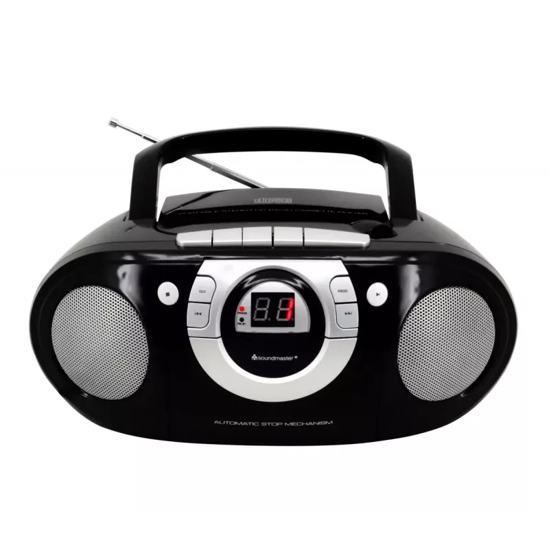 Sistema estéreo portátil Soundmaster SCD5100SW — sintonizador FM analógico 87,5–108 MHz, leitor de CD/MP3, 1 W RMS, ecrã LED, preto